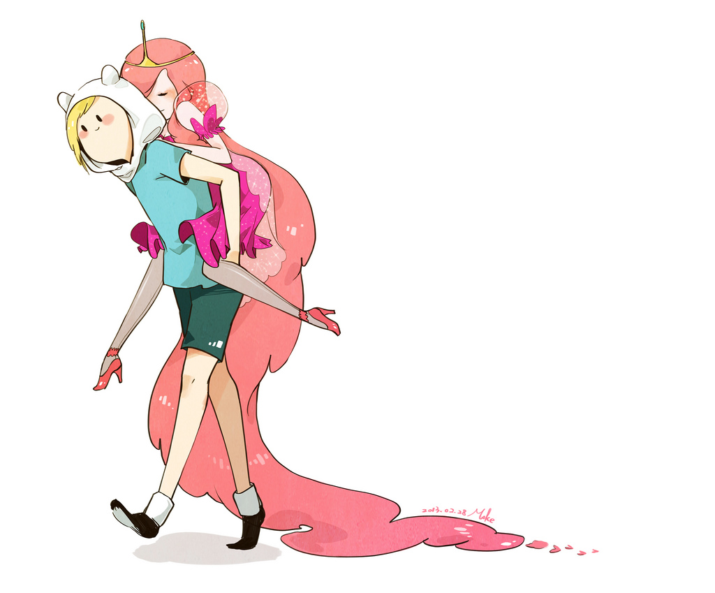 1boy, 1girl, adventure_time, blonde_hair, blush, couple, dress, finn_the_human, high_heels, long_hair, moke, pink_hair, princess_bonnibel_bubblegum, tiara