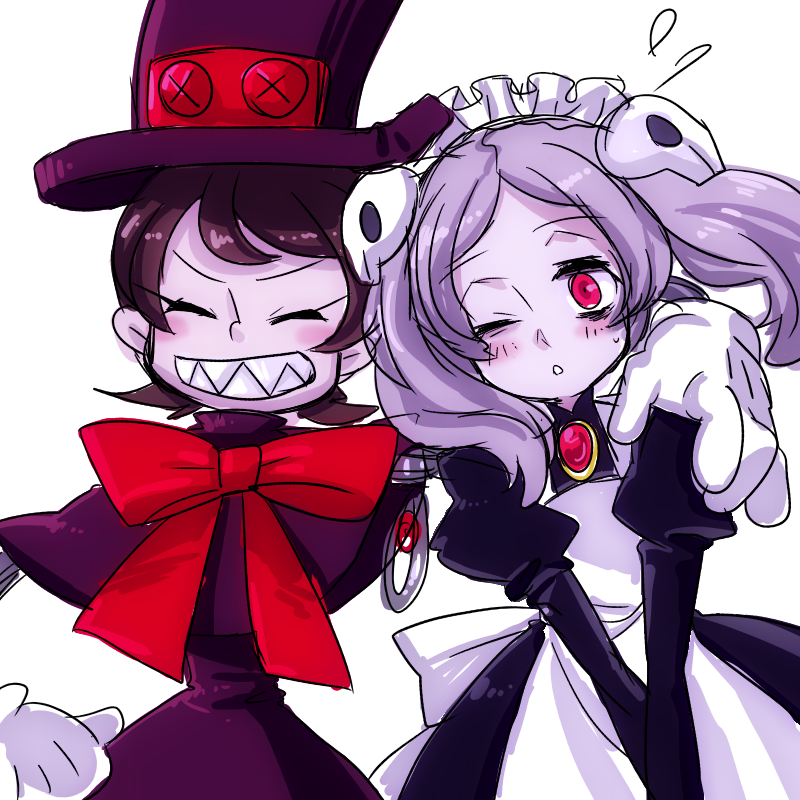 2girls, apron, bloody_marie_(skullgirls), closed_eyes, fal0811, female_focus, gloves, grin, hat, maid, maid_apron, mechanical_arms, multiple_girls, open_mouth, peacock_(skullgirls), red_eyes, ribbon, skullgirls, smile, teeth, top_hat, wink