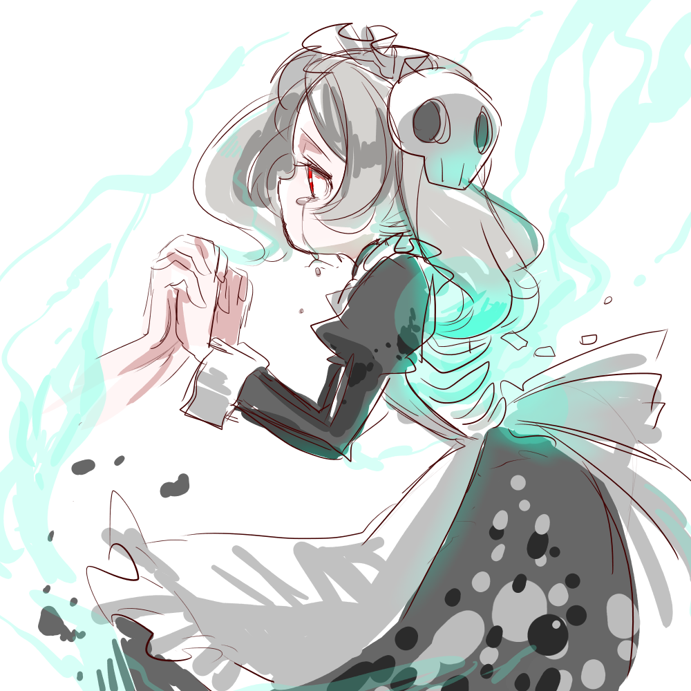1girl, apron, bloody_marie_(skullgirls), fal0811, hair_ornament, holding_hands, maid, maid_apron