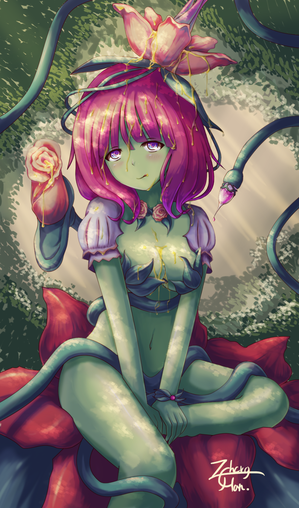 1girl, alraune, artist_name, breasts, cleavage, female_focus, flower, highres, honey, licking_lips, mamonomusume_to_no_seikatsu, mamonomusume_to_no_seikatsu_~alraune_no_baai~, monster_girl, pink_hair, plant_girl, purple_eyes, signature, smile, solo, tagme, tongue, tongue_out, wearing_plant, z_-_chcrghan
