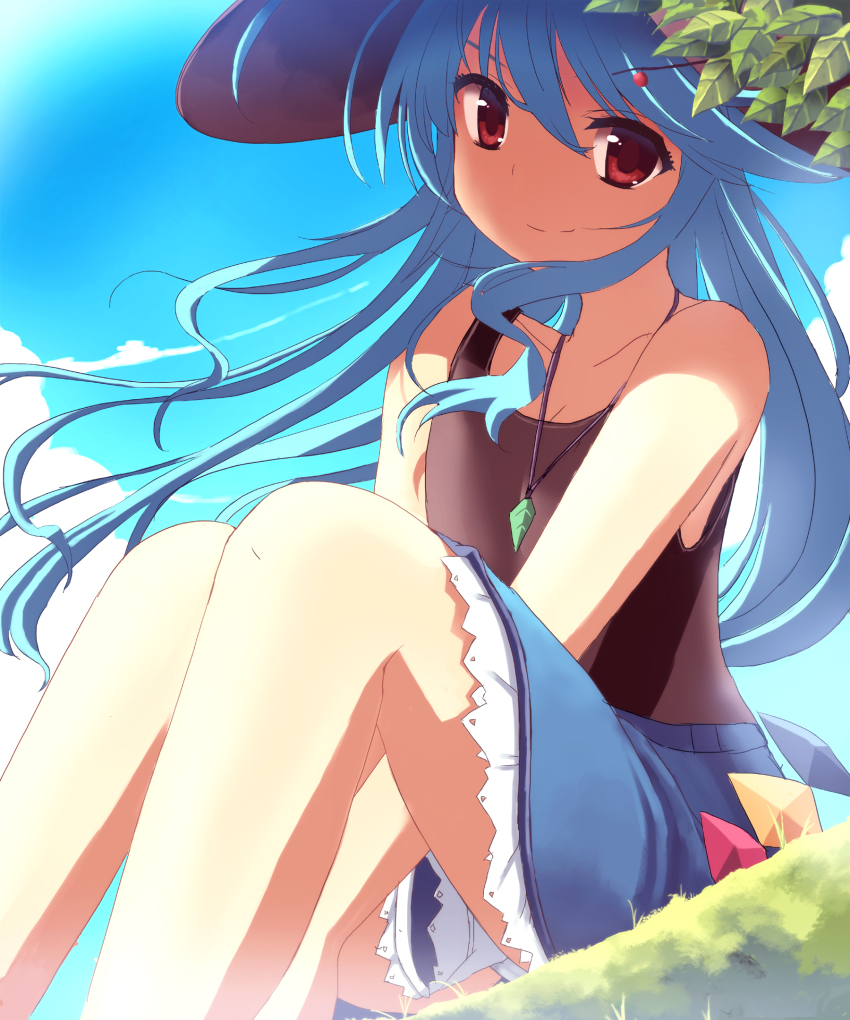 1girl, alternate_costume, bad_id, bad_pixiv_id, bare_shoulders, blue_hair, blue_sky, cloud