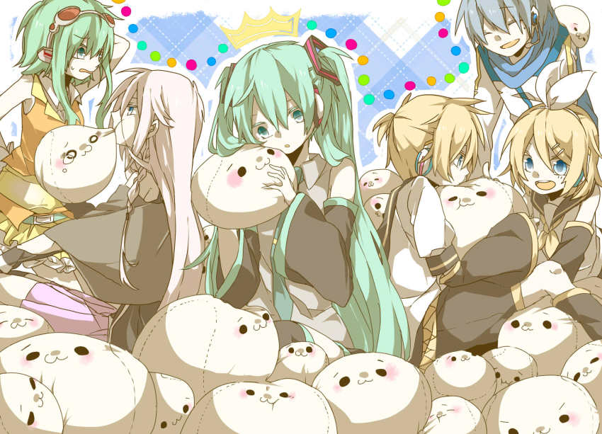2boys, 4girls, :3, aqua_eyes, aqua_hair, bad_id, bad_pixiv_id, bare_shoulders, blonde_hair, blue_eyes, blue_hair, blue_scarf, braid, crown, cushion, detached_sleeves, goggles, green_eyes, green_hair, gumi, hair_ornament, hair_ribbon, hairclip, hatsune_miku, headphones, highres, ia_(vocaloid), kagamine_len, kagamine_rin, kaito_(vocaloid), long_hair, multiple_boys, multiple_girls, necktie, open_mouth, ribbon, scarf, short_hair, siblings, smile, solid_circle_eyes, twins, twintails, vocaloid, white_hair, yuuyuu_(yuk1130)