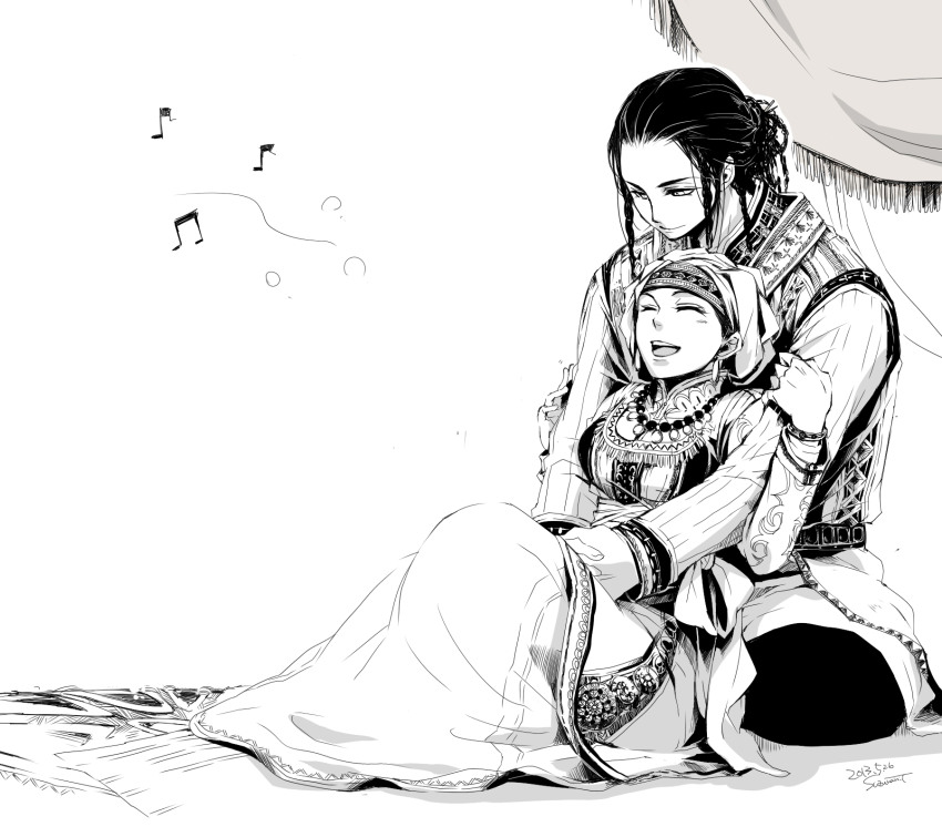 1boy, 1girl, amir_halgal, azel_halgal, blanket, brother_and_sister, closed_eyes, dated, family_bonding, headscarf, highres, jewelry, monochrome, music, musical_note, necklace, otoyomegatari, pearl_necklace, riotactxx, siblings, signature, singing