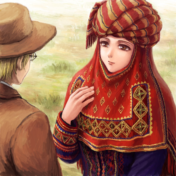 1boy, 1girl, blonde_hair, brown_eyes, glasses, hat, henry_smith_(otoyomegatari), looking_at_another, otoyomegatari, satou_toshio_(suisuisuisui), taras, traditional_clothes, turban