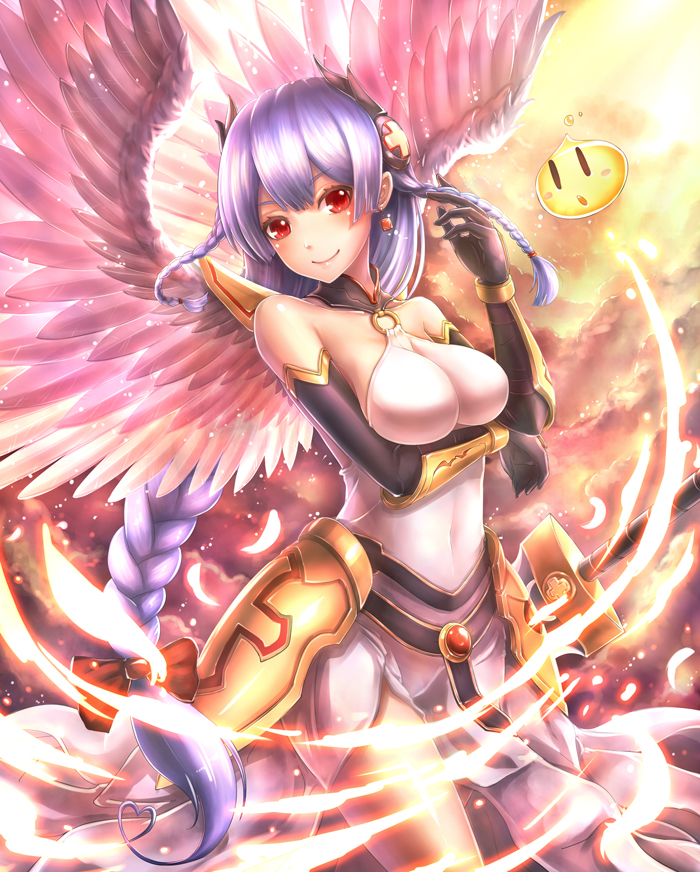 1girl, ant_(fenixant), armor, bare_shoulders, blush, braid, breast_hold, breasts, elbow_gloves, faulds, female_focus, gloves, light_valkyrie_(p&amp;d), long_hair, o-ring, o-ring_top, puzzle_&amp;_dragons, red_eyes, shynee, shynee_(p&amp;d), smile, solo, sword, valkyrie_(p&amp;d), weapon, white_hair, wings