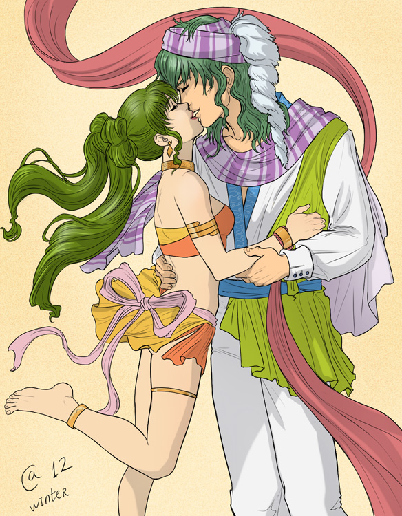 1boy, 1girl, anklet, armlet, autumn-sacura, autumn_sacura, barefoot, bikini, bikini_top_only, bracelet, choker, dancer, earrings, feet, fire_emblem, fire_emblem:_genealogy_of_the_holy_war, headscarf, hetero, jewelry, kiss, lewyn_(fire_emblem), long_hair, lots_of_jewelry, midriff, miniskirt, nintendo, ponytail, purple_headscarf, ribbon, sash, scarf, short_twintails, silvia_(fire_emblem), skirt, strapless, swimsuit, thighlet, traditional_clothes, twintails, veil