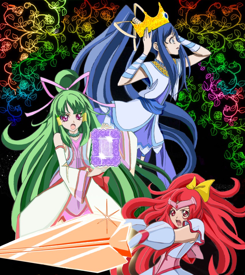 3girls, bad_id, bad_pixiv_id, black_background, blue_eyes, blue_hair, crown, cure_empress
