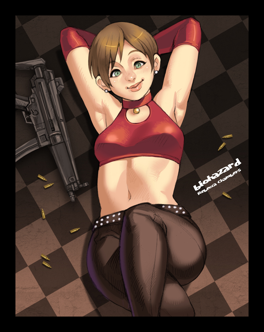 1girl, alternate_costume, armpits, arms_behind_head, bad_id, bad_pixiv_id, belt, blush, breasts, brown_hair, bullet, casual, character_name, checkered_floor, choker, crossed_legs, earrings, elbow_gloves, female_focus, floor, gloves, green_eyes, gun, h&amp;k_mp5, halterneck, head_tilt, heckler_&amp;_koch, jewelry, leather, leather_pants, leather_top, lips, lying, maou_alba, midriff, navel, on_back, pants, rebecca_chambers, rebecca_chambers_(leather), red_gloves, resident_evil, resident_evil_0, short_hair, small_breasts, smile, solo, stud_earrings, studded_belt, submachine_gun, weapon