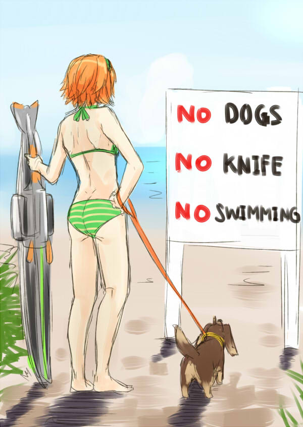 10s, 1girl, ass, back, barefoot, bikini, commentary_request, dog, from_behind, hairband, hand_on_own_hip, harumi_kazuhito, harumi_madoka, inu_to_hasami_wa_tsukaiyou, leash, nabeshima_tetsuhiro, orange_hair, pet_walking, short_hair, sign, sketch, striped_bikini, striped_clothes, swimsuit, weapon