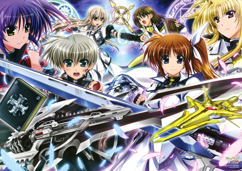 1boy, 5girls, :o, absurdres, armor, bardiche_(nanoha), bible_of_silver_cross, blonde_hair