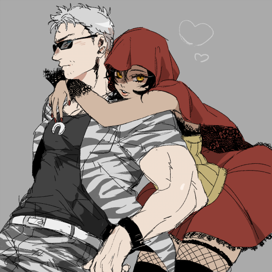 1boy, 1girl, alternate_costume, arms_around_neck, b.b._hood_(cosplay), black_hair, capcom, cape, chanko_neru, chris_redfield, company_connection, cosplay, dark_skin, darkstalkers, fishnets, freckles, heart, hetero, hood, hug, hug_from_behind, jewelry, lips, little_red_riding_hood_(fairy_tale), little_red_riding_hood_(fairy_tale_character), little_red_riding_hood_(fairy_tale_character)_(cosplay), muscular, nail_polish, necklace, red_cape, resident_evil, resident_evil_5, sheva_alomar, sheva_alomar_(fairytale), silver_hair, sunglasses, thighhighs, yellow_eyes