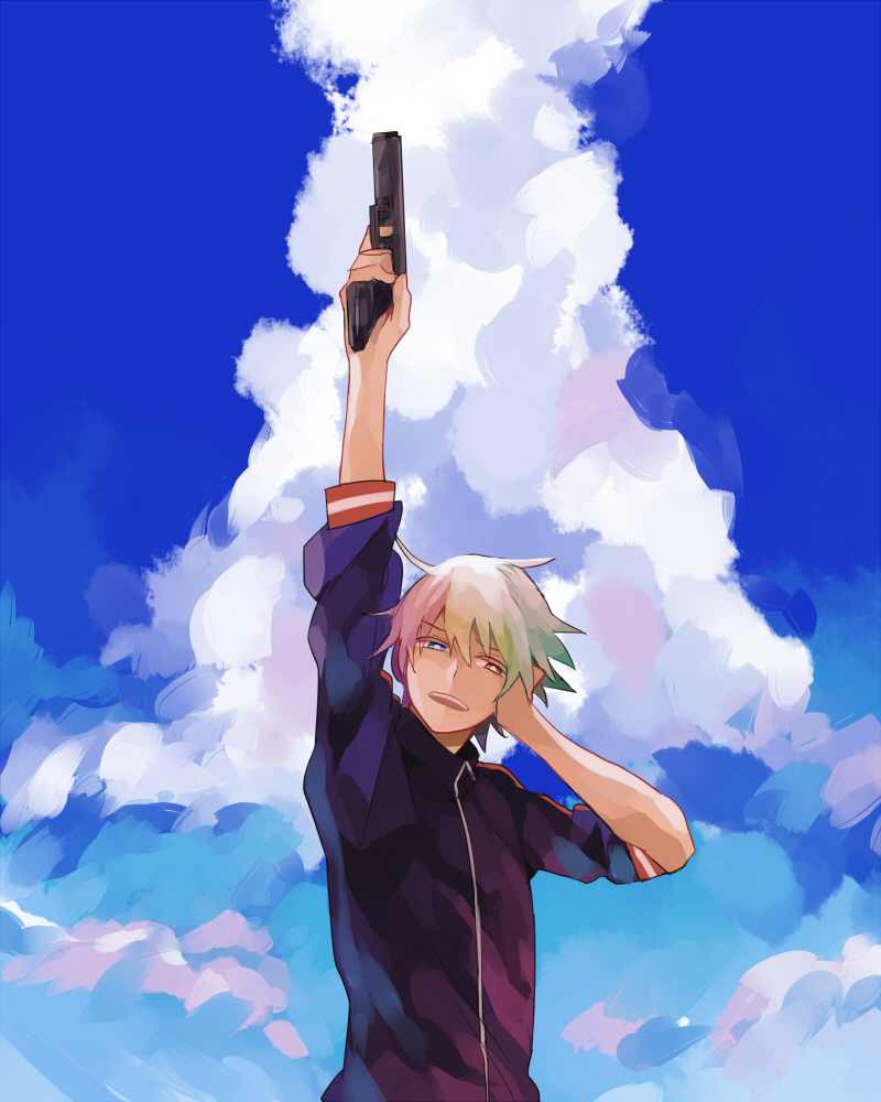 1boy, blue_eyes, day, etsusa_bridge, etsusa_oohashi, gun, heterochromia, inui_hayato