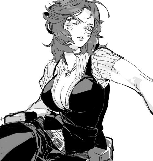 1girl, belt, belt_pouch, breasts, chanko_neru, cleavage, female_focus, greyscale