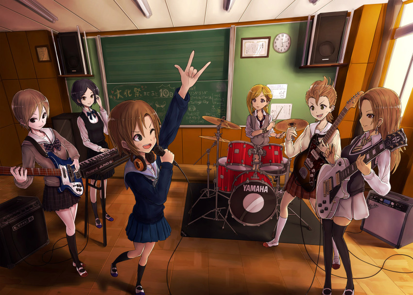 10s, 6+girls, bass_guitar, blush, brown_hair, electric_guitar, fender_(company), fender_jazzmaster