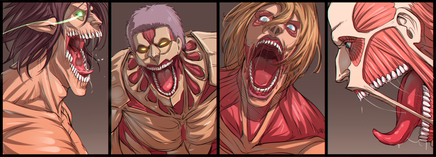 armored_titan, black_hair, blonde_hair, colossal_titan, female_titan, giant, giant_monster, glowing