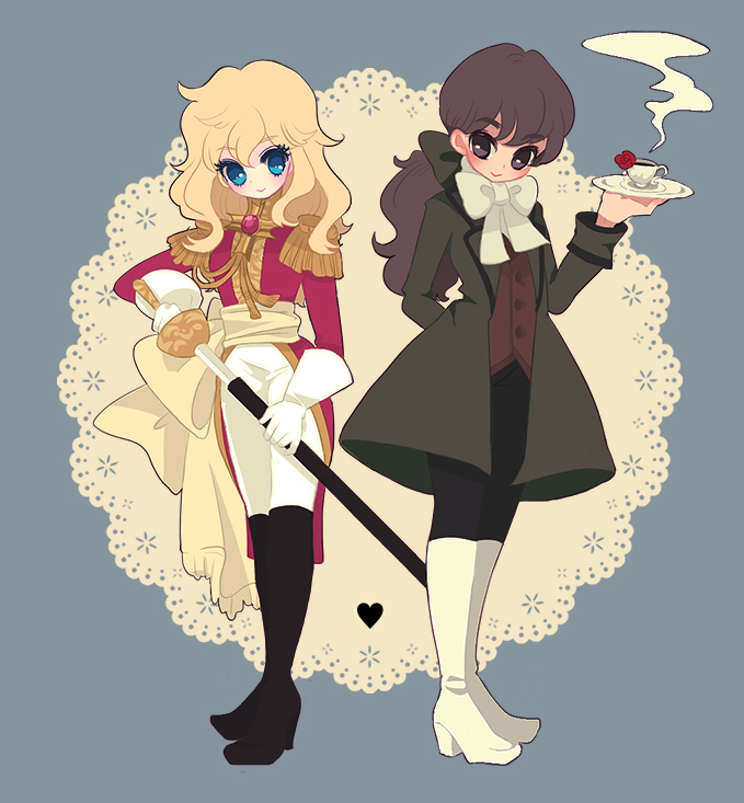 1boy, 1girl, andre_grandier, arm_behind_back, black_hair, blonde_hair, blue_background, bppts