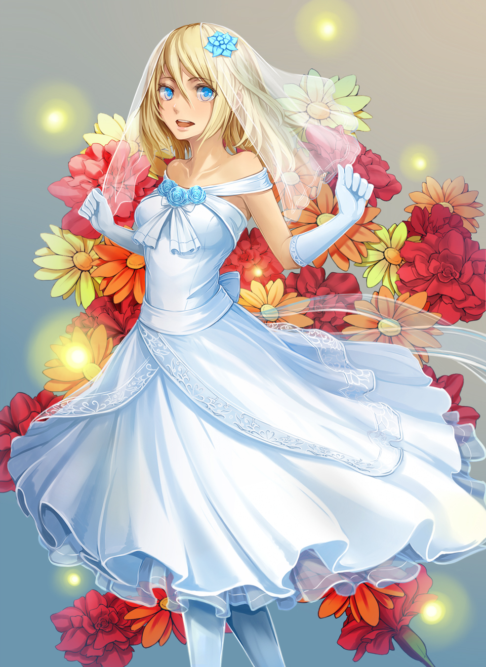 1girl, bare_shoulders, blonde_hair, blue_eyes, dress, elbow_gloves, female_focus, flower, gloves, gown, highres, krista_lenz, mini_style_gown, omochi_(kr12081012), pantyhose, shingeki_no_kyojin, solo, veil, wedding_dress