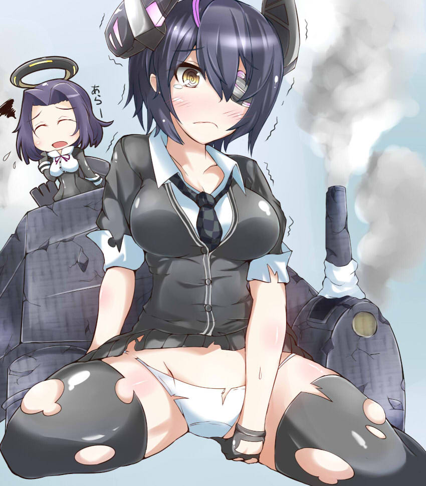 10s, 2girls, blush, closed_eyes, damaged, eyepatch, fingerless_gloves, flying_sweatdrops