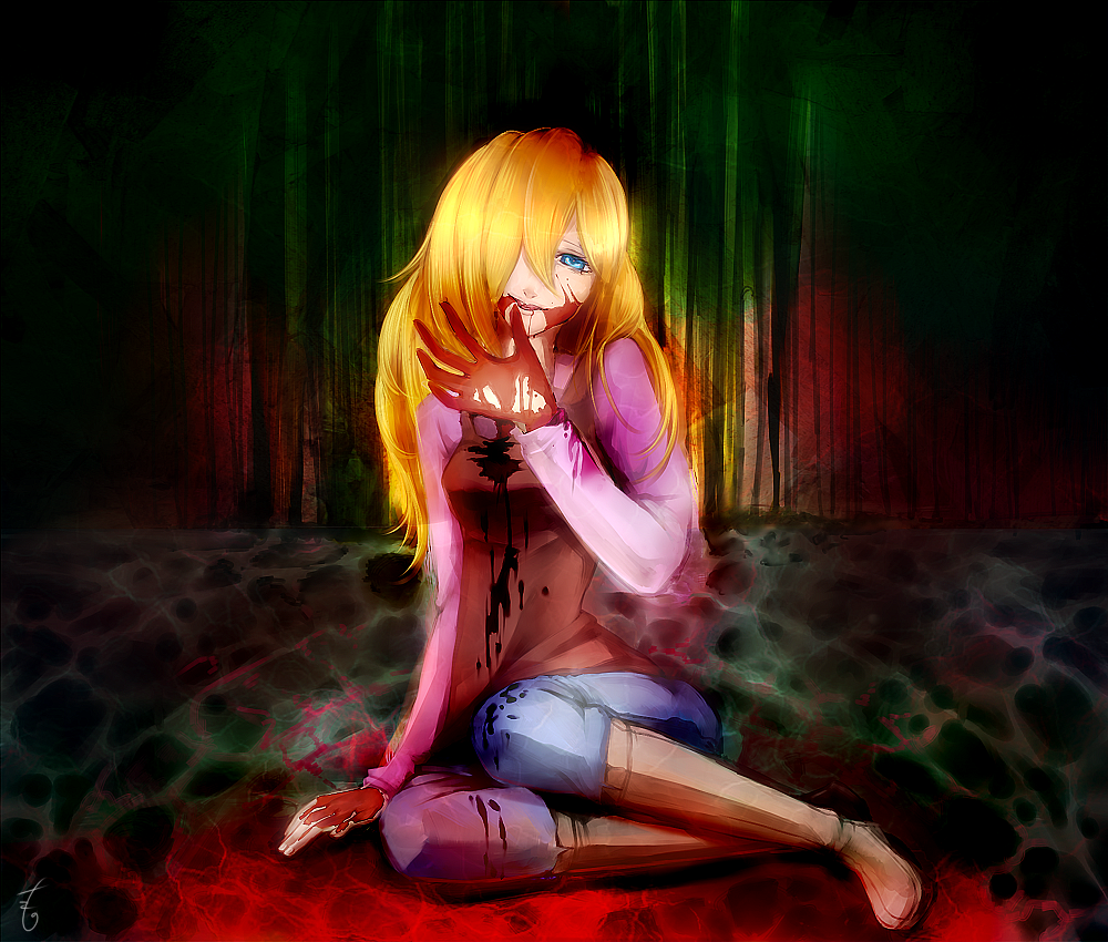 1girl, artist_name, bad_end, bad_id, bad_pixiv_id, blonde_hair, blood, blood_on_clothes