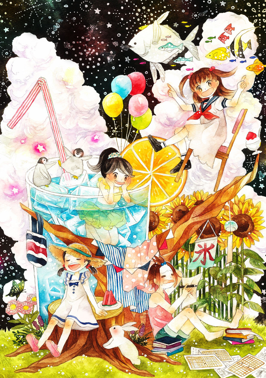 4girls, ^_^, balloon, barefoot, bikini, bird, black_hair, blush