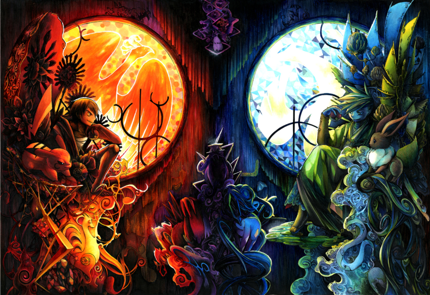 2boys, alternate_costume, blue_oak, chikorita, cyndaquil, eevee, entei, fire