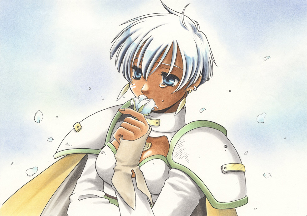 1girl, armor, atelier_(series), atelier_marie, blue_eyes, cape, dark-skinned_female, dark_skin