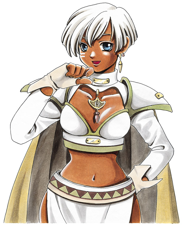 1girl, armor, atelier_(series), atelier_marie, blue_eyes, cape, dark-skinned_female, dark_skin, earrings, female_focus, fingerless_gloves, gloves, hand_on_own_hip, jewelry, midriff, mu_seqstanse, navel, official_art, ohse_kohime, pauldrons, short_hair, shoulder_armor, smile, solo, tattoo, tecmo, white_background, white_hair