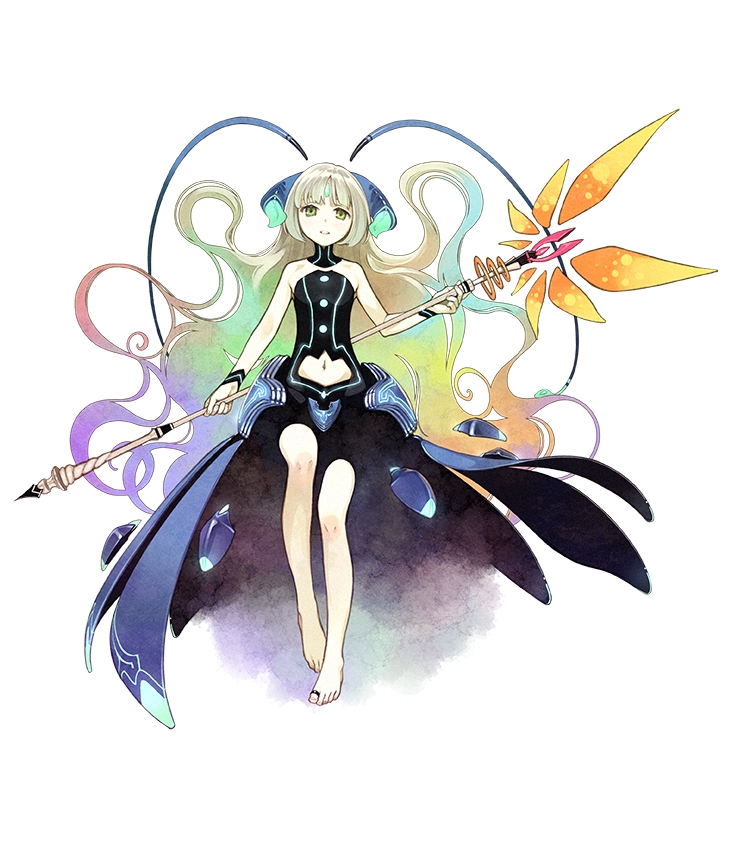 10s, 1girl, atelier_(series), atelier_escha_&amp;_logy, barefoot, dress, female_focus, flameu_(atelier), forehead_jewel, full_body, green_eyes, hidari_(left_side), horns, jewelry, multicolored_hair, navel, official_art, rainbow_hair, solo, staff, toe_ring, white_background