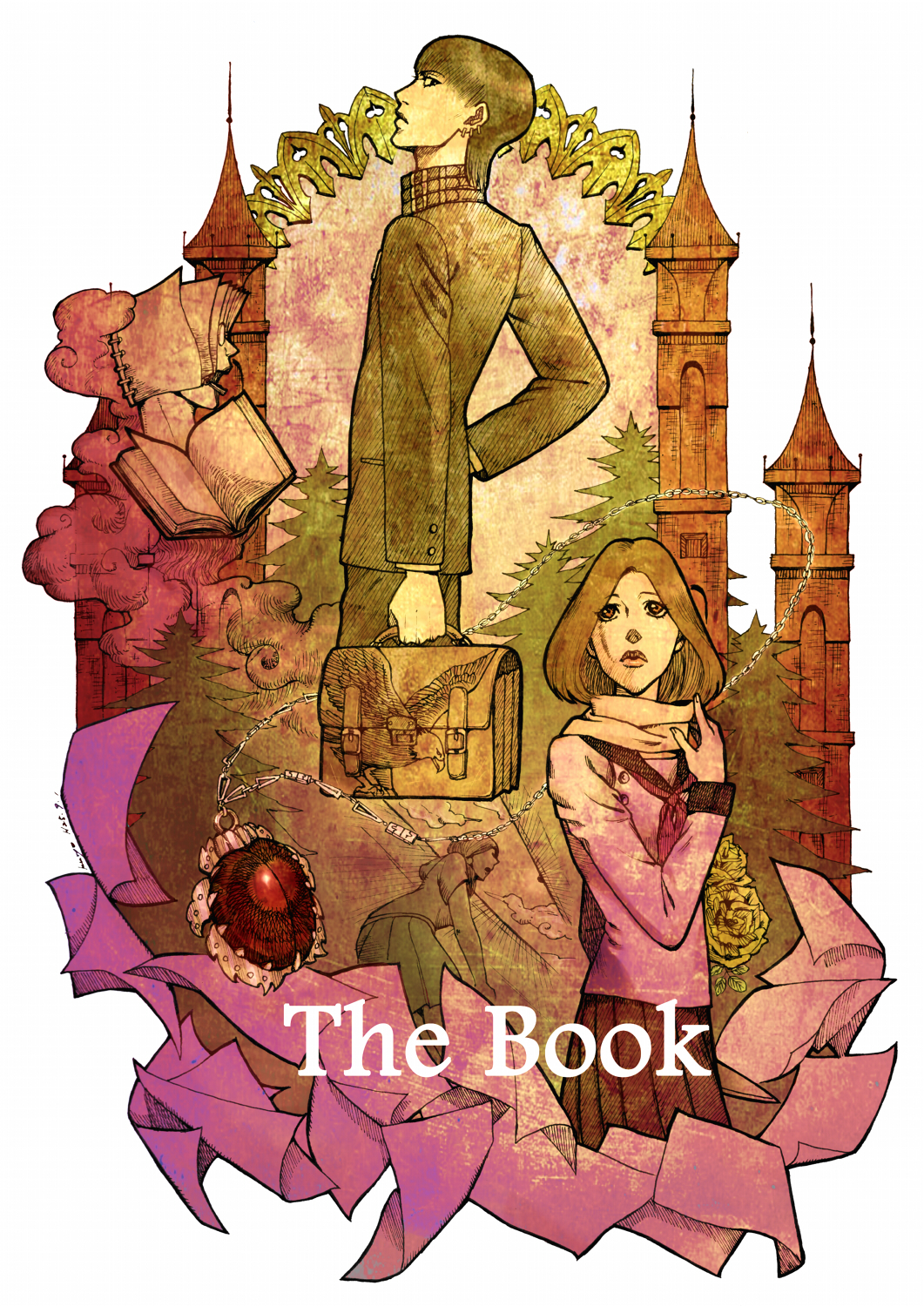 1boy, 2girls, bird, black_hair, brown_hair, futaba_chiho, hasumi_takuma, highres