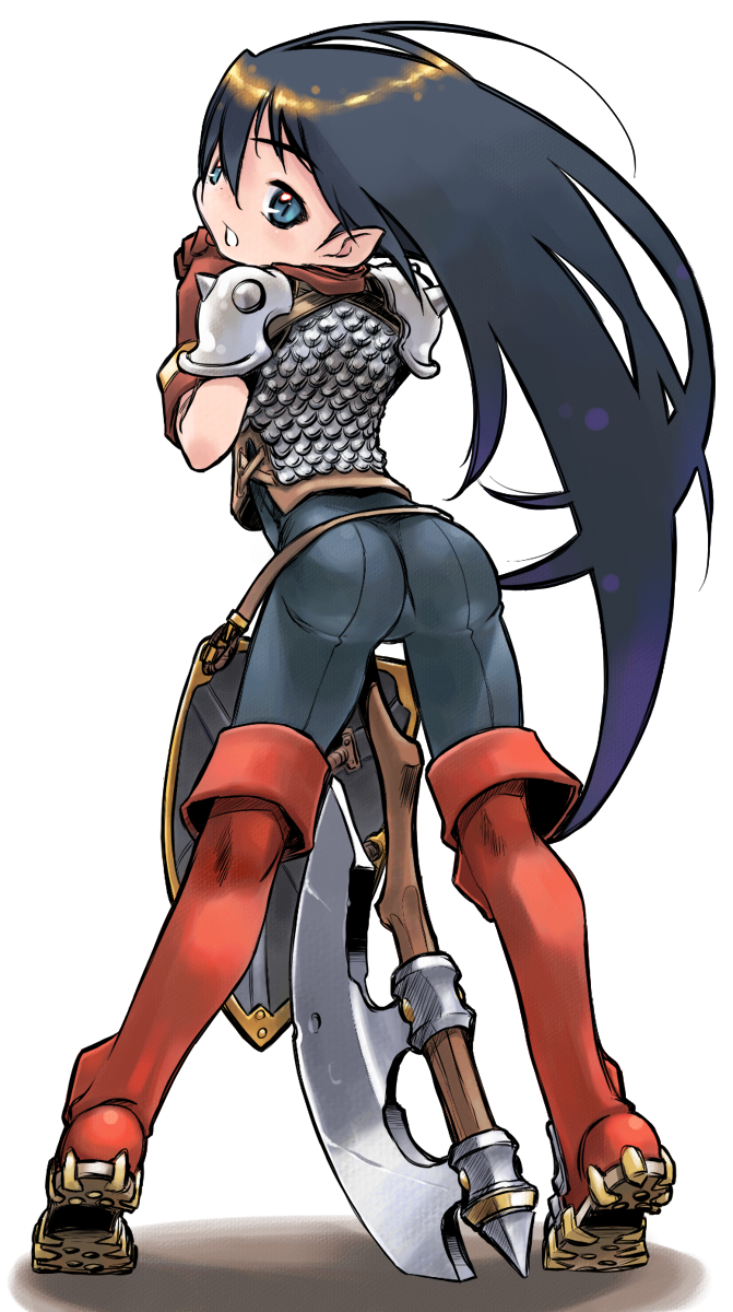 1girl, armor, ass, axe, back, bad_id, bad_pixiv_id, black_hair, blue_eyes, boots, female_focus, gloves, hair_between_eyes, highres, long_hair, looking_back, nakamura_tetsuya, pants, pauldrons, pointy_ears, red_boots, scale_armor, shield, shoulder_armor, simple_background, solo, sorcerian, spiked_pauldrons, thigh_boots, thighhighs, tomboy, very_long_hair, weapon, white_background