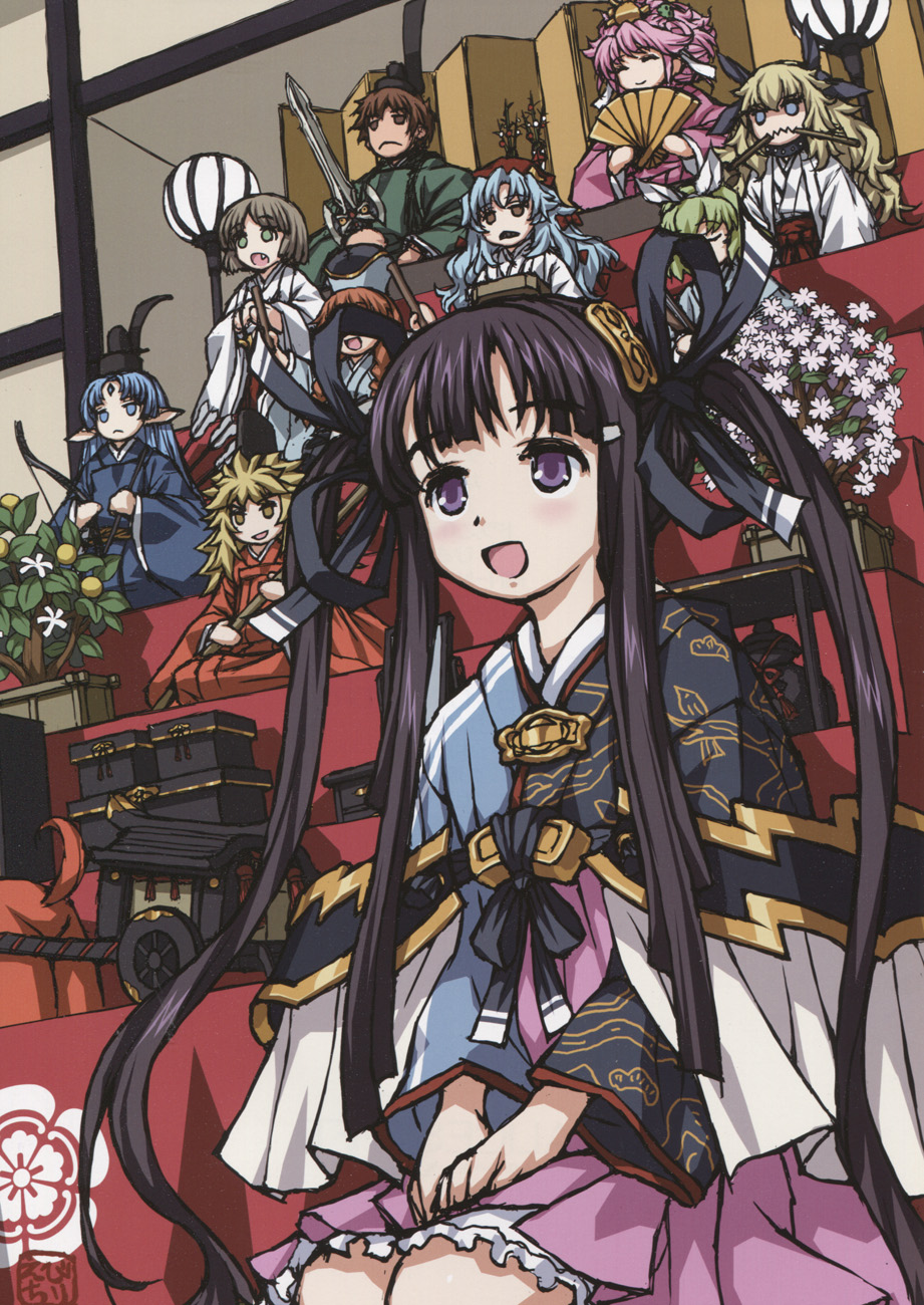 1boy, 6+girls, aegis_kalar, alkanese_rize, arrow_(projectile), artist_name, bow, cafe_artful, cart, chaos_(weapon), copandon_dot, ebichiri, ebichiri_(alicesoft), flower, hair_ornament, hand_fan, hat, highres, japanese_clothes, kalar_(race), kibako, kimono, kneeling, miko, multiple_girls, oda_kou, rance, rance_(series), rance_quest, rance_quest_magnum, ribbon, sachiko_centers, signature, sill_plain, sword, tillday_shape, weapon