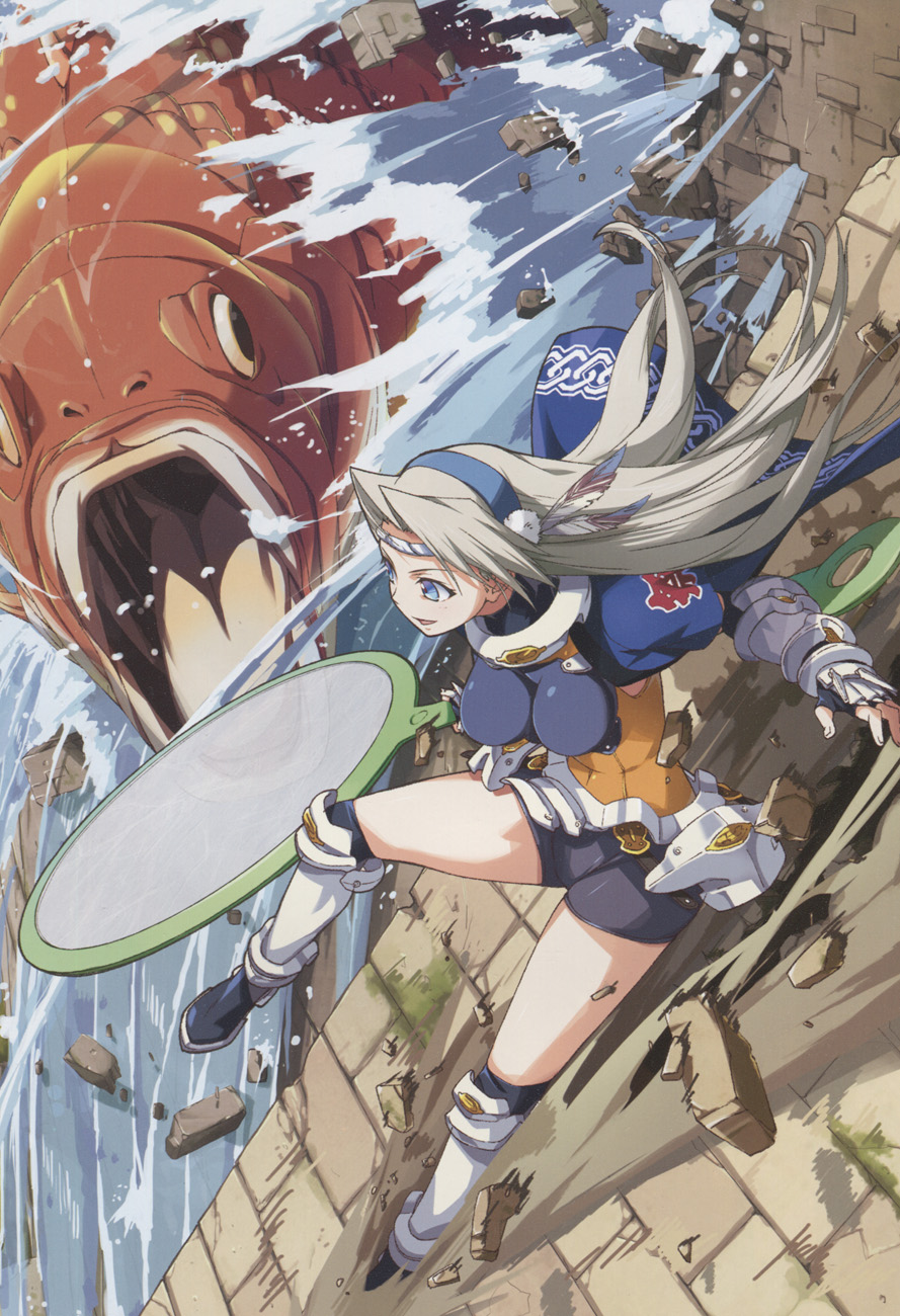 1girl, arm_guards, armor, arms_arc, bike_shorts, blue_eyes, boots, breasts, circlet, feathers, female_focus, fish, greaves, headdress, highres, jacket, long_hair, oversized_object, rance_(series), rance_quest, scan, silver_hair, solo, takkun, takkun_(artist), thigh_boots, thighhighs, water
