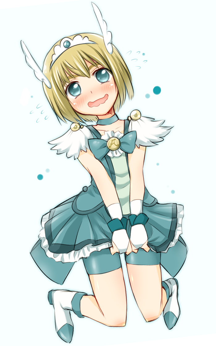 1boy, arakawa_tarou, armin_arlert, bike_shorts, bike_shorts_under_skirt, blonde_hair, blue_dress, blue_eyes, blue_skirt, blue_theme, blush, boots, cosplay, crossdressing, crossdressing_(mtf), crossover, cure_beauty, cure_beauty_(cosplay), dress, embarrassed, fingerless_gloves, full_body, gloves, hair_ornament, knee_boots, looking_at_viewer, male_focus, precure, ribbon, shingeki_no_kyojin, short_hair, shorts, shorts_under_skirt, simple_background, skirt, smile_precure!, solo, trap, white_background, wrist_cuffs