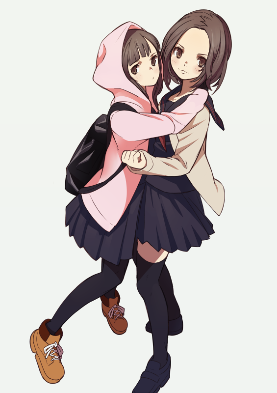 2girls, akb48, arms_around_neck, backpack, bad_id, bad_pixiv_id, bag, black_leggings