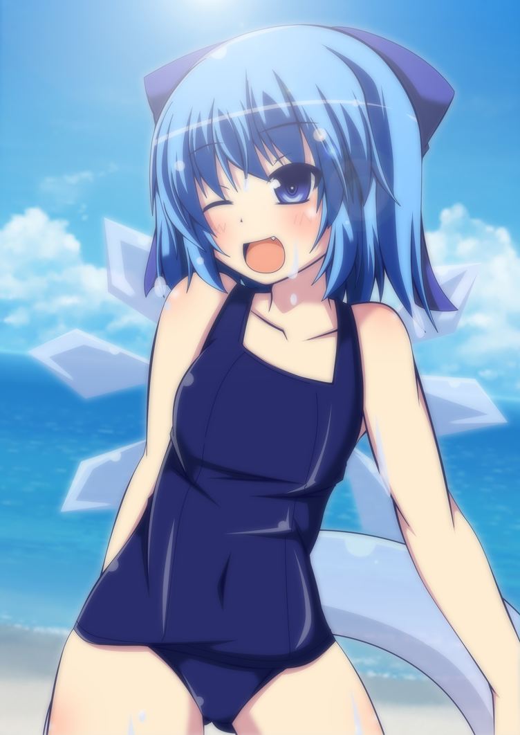1girl, beach, blue_eyes, blue_hair, cirno, collarbone, day, fang
