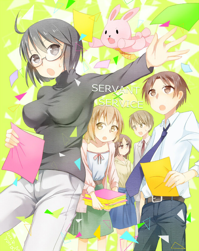 10s, 2boys, 3girls, ahoge, black_hair, blonde_hair, brown_eyes, brown_hair