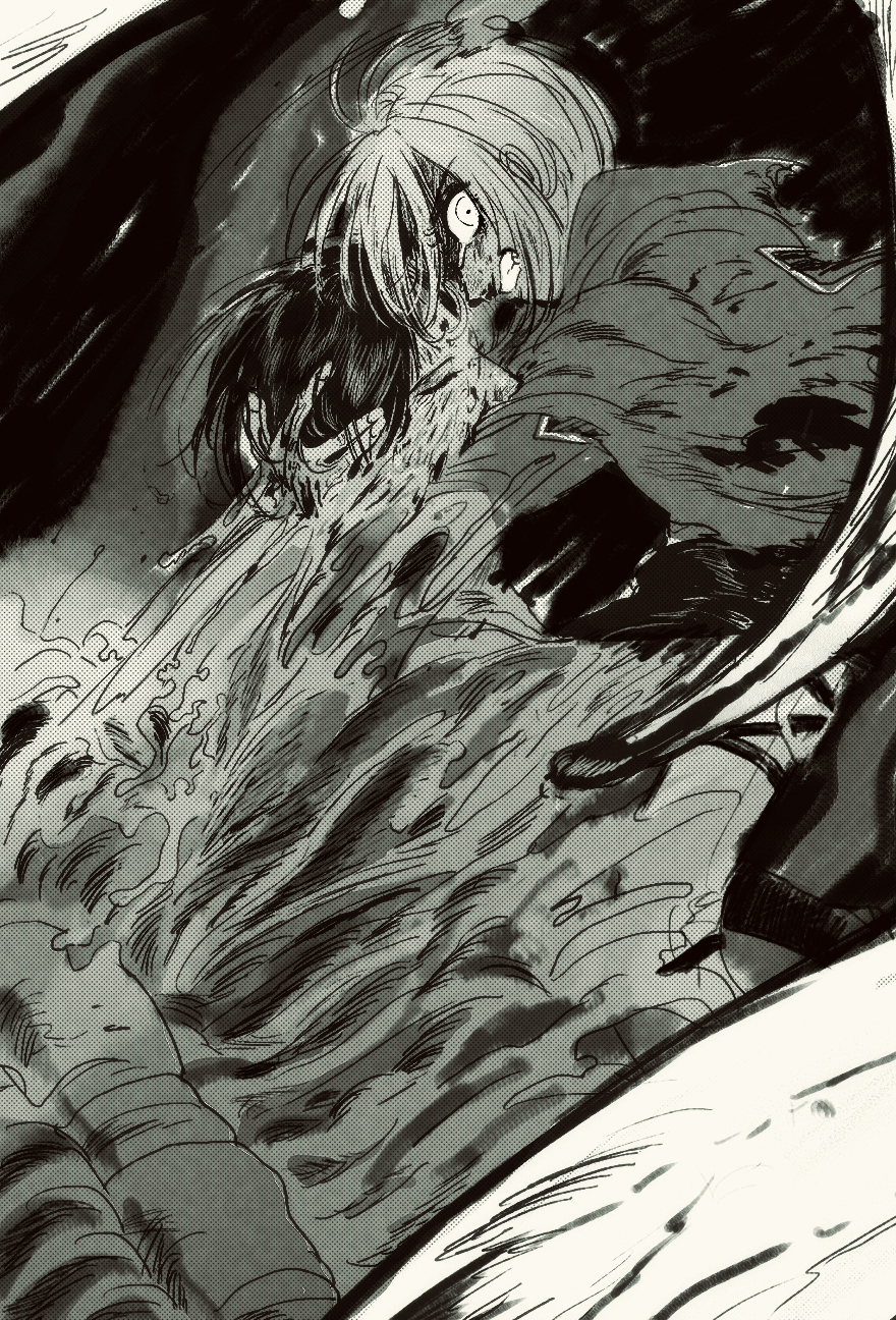 2girls, angry, bad_id, bad_pixiv_id, bone, cape, krista_lenz, clenched_teeth