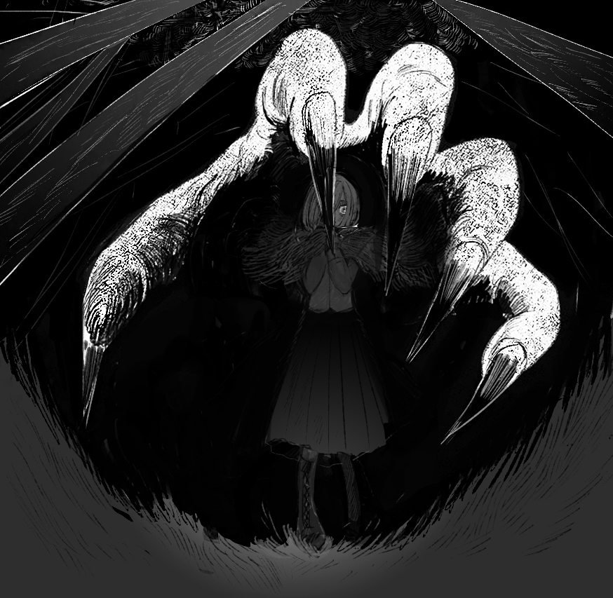 1girl, bad_id, bad_pixiv_id, black_theme, krista_lenz, claws, dark, dobu_(moor)