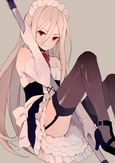 1boy, afuro_terumi, androgynous, bare_shoulders, black_thighhighs, crossdressing, crossdressing_(mtf), elbow_gloves