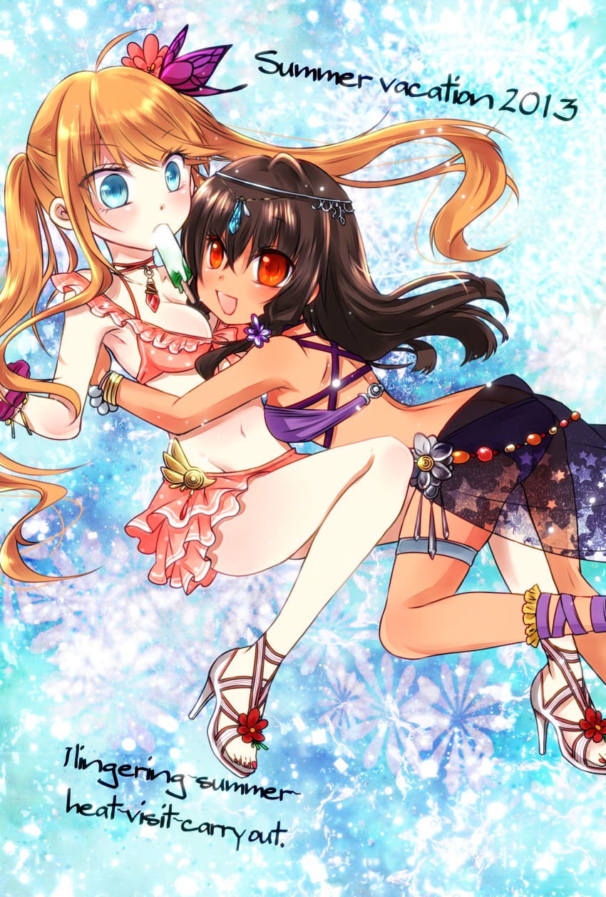 2girls, bikini, blue_eyes, bracelet, brown_hair, butterfly_hair_ornament, circlet, cross-laced_footwear, flower, food, hair_flower, hair_ornament, happy, high_heels, highres, hug, jewelry, mouth_hold, multiple_girls, nail_polish, navel, open_shoes, orange_hair, original, popsicle, red_eyes, royaltea87, sandals, sarong, see-through_clothes, see-through_sarong, swimsuit, toenail_polish, toenails, twintails