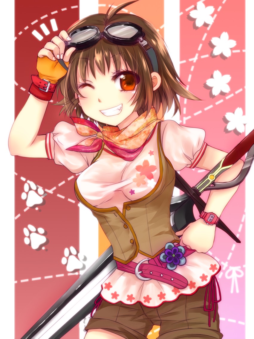 1girl, belt, brown_hair, female_focus, fingerless_gloves, gloves, goggles, goggles_on_head