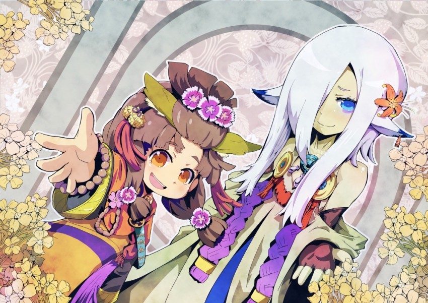 2girls, animal_ears, atlus, bare_shoulders, blonde_hair, blue_eyes, bracelet, child, dutch_angle, etrian_odyssey, fingerless_gloves, flower, gloves, green_eyes, green_hair, hair_flower, hair_ornament, hair_over_one_eye, jewelry, multiple_girls, mystic_(sekaiju), open_mouth, outstretched_hand, sekaiju_no_meikyuu, sekaiju_no_meikyuu_4, smile, tansan3, wide_sleeves, wufan_(sekaiju), xiuan_(sekaiju)