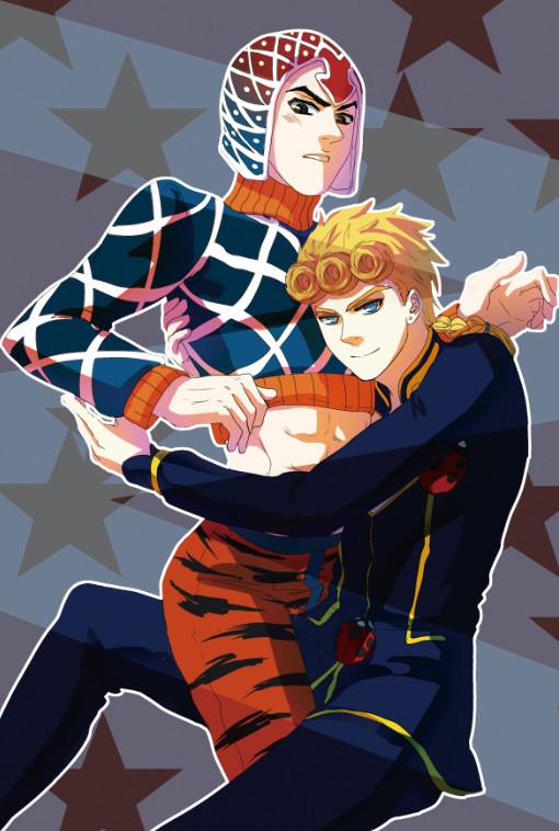 2boys, black_eyes, blonde_hair, blue_eyes, braid, giorno_giovanna, guido_mista, hat