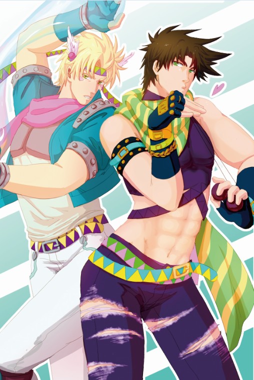 2boys, blonde_hair, blowing_kiss, blue_jacket, brown_hair, caesar_anthonio_zeppeli, facial_mark, fingerless_gloves