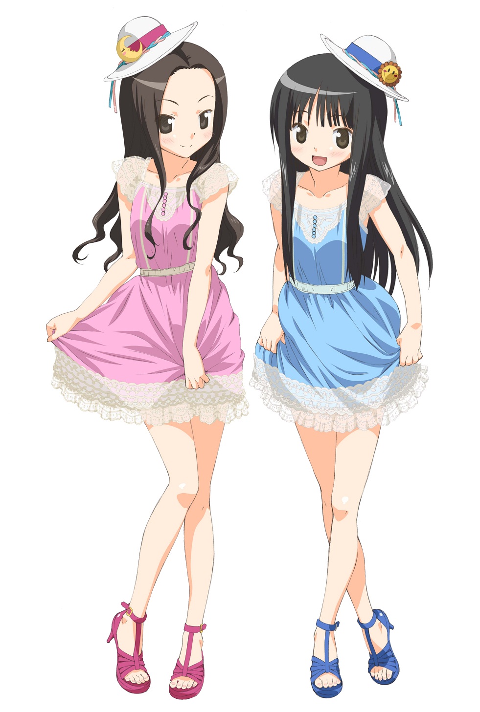 2girls, alice_(claris), black_hair, blue_dress, blue_skirt, brown_eyes, brown_hair, clara_(claris), claris_(group), collarbone, dress, hat, high_heel_sandals, high_heels, highres, long_hair, morioka_hideyuki, multiple_girls, official_art, open_mouth, pink_dress, pink_skirt, sandals, simple_background, skirt, smile, straight_hair, sun_symbol, toes, wavy_hair, white_background