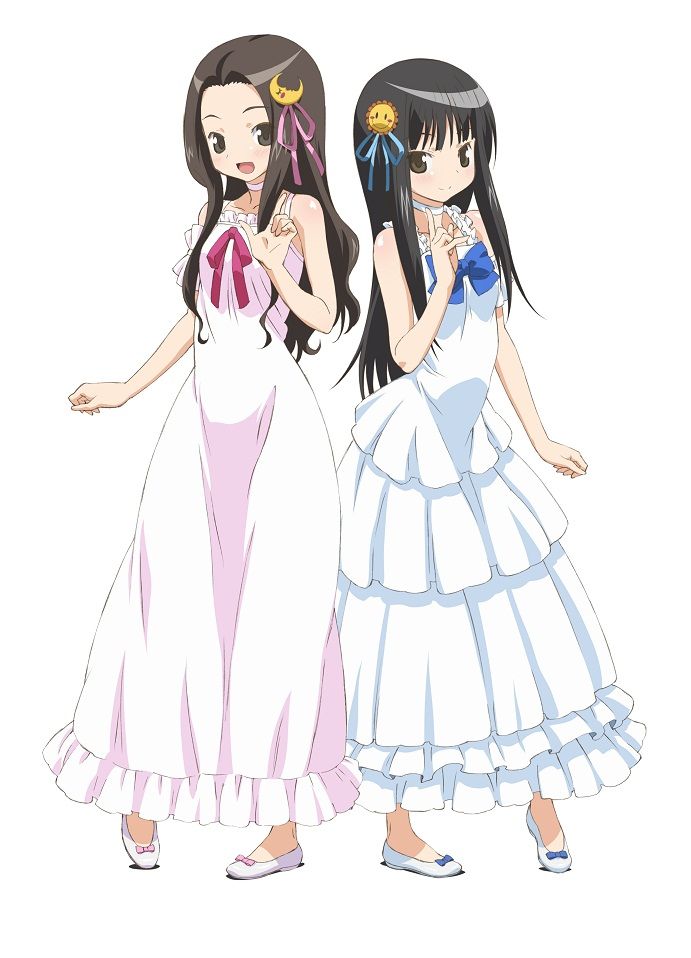 2girls, alice_(claris), alternate_costume, bare_shoulders, black_hair, blue_dress, bow, bowtie