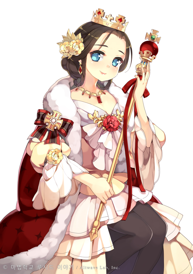 1girl, blue_eyes, brown_hair, btoor, cape, crown, dress, earrings