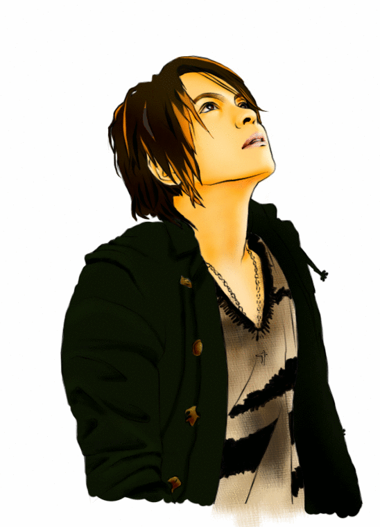 1boy, black_eyes, brown_hair, hyde, hyde_(l'arc~en~ciel), j-rock, jacket, l'arc~en~ciel, long_sleeves, looking_up, male_focus, musician, realistic, short_hair, solo
