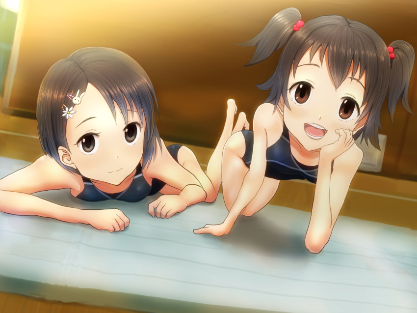 10s, 2girls, akagi_miria, all_fours, black_hair, brown_eyes, competition_swimsuit, hair_ornament
