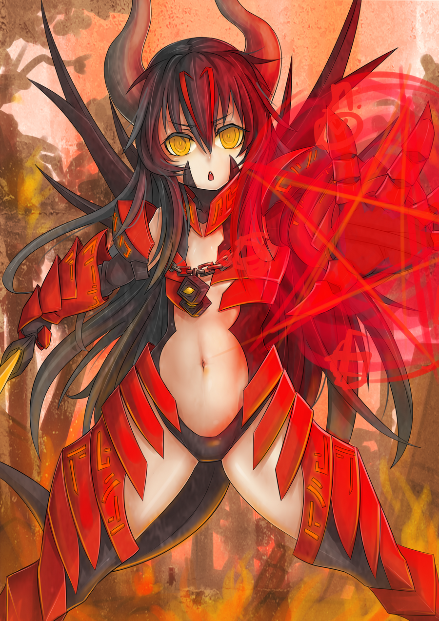 1girl, antenna_hair, armor, black_gloves, black_hair, center_opening, demon_girl, demon_horns, demon_tail, doom_(dota), dota_(series), dota_2, elbow_gloves, exaxuxer, faulds, female_focus, flat_chest, gauntlets, genderswap, genderswap_(mtf), gloves, highres, horns, leotard, long_hair, magic, magic_circle, multicolored_hair, outstretched_hand, pauldrons, pentagram, red_hair, shoulder_armor, solo, streaked_hair, sword, tail, weapon, wings, yellow_eyes